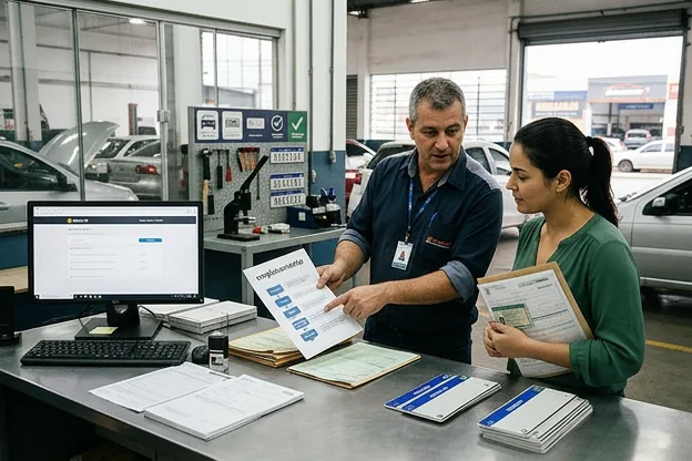 Atendimento profissional orientando sobre emplacamento.