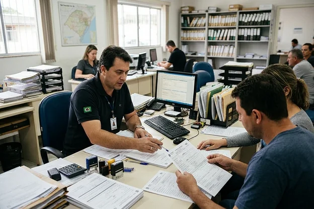 Profissional de despachante ajudando cliente com documentação.
