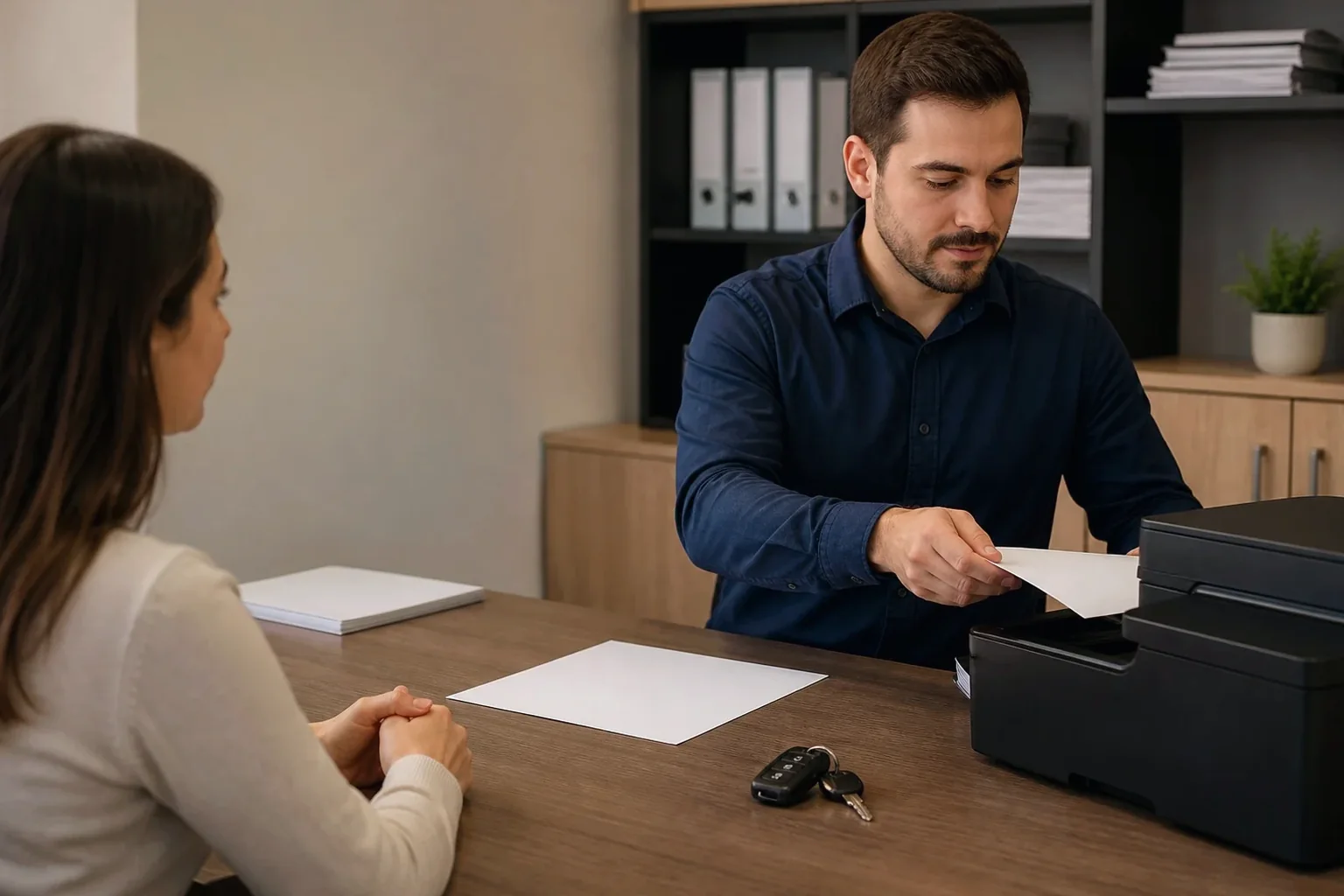 Profissional entregando documentos de veículo a cliente.