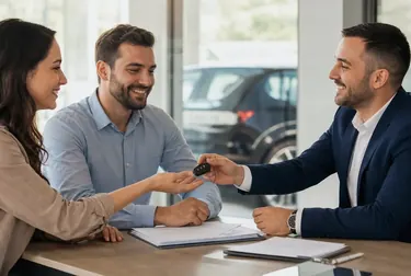 Profissional orientando cliente sobre documentação de transferência de veículo.
