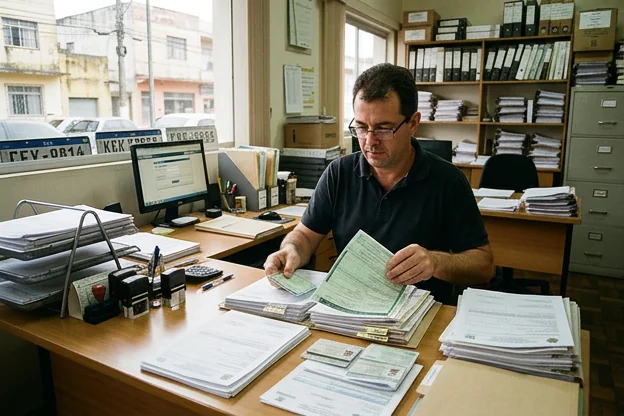 Profissional revisando documentos para regularização de veículos.